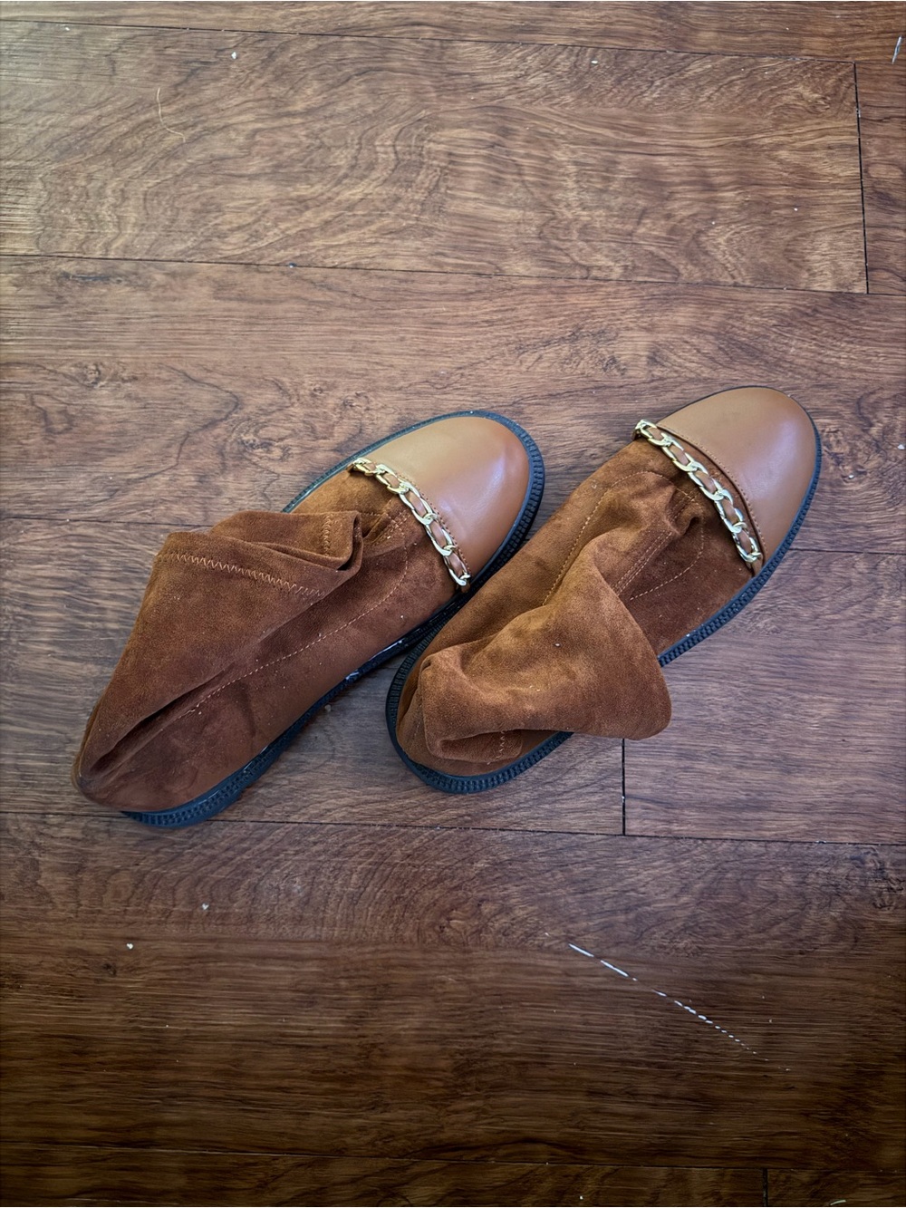 Forever 21 Brown Suede & Faux Leather Ankle Booties with Gold Chain